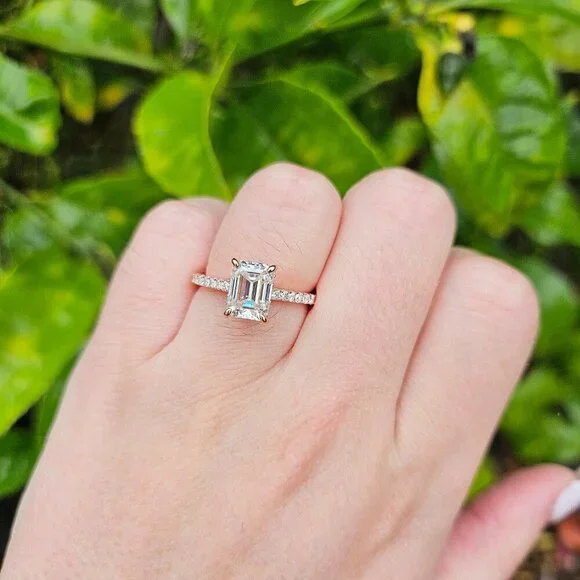 2 CT Rectangle Emerald Cut Moissanite Ring, Sterling Silver, Size 6, Rose Gold - Picture 2 of 8